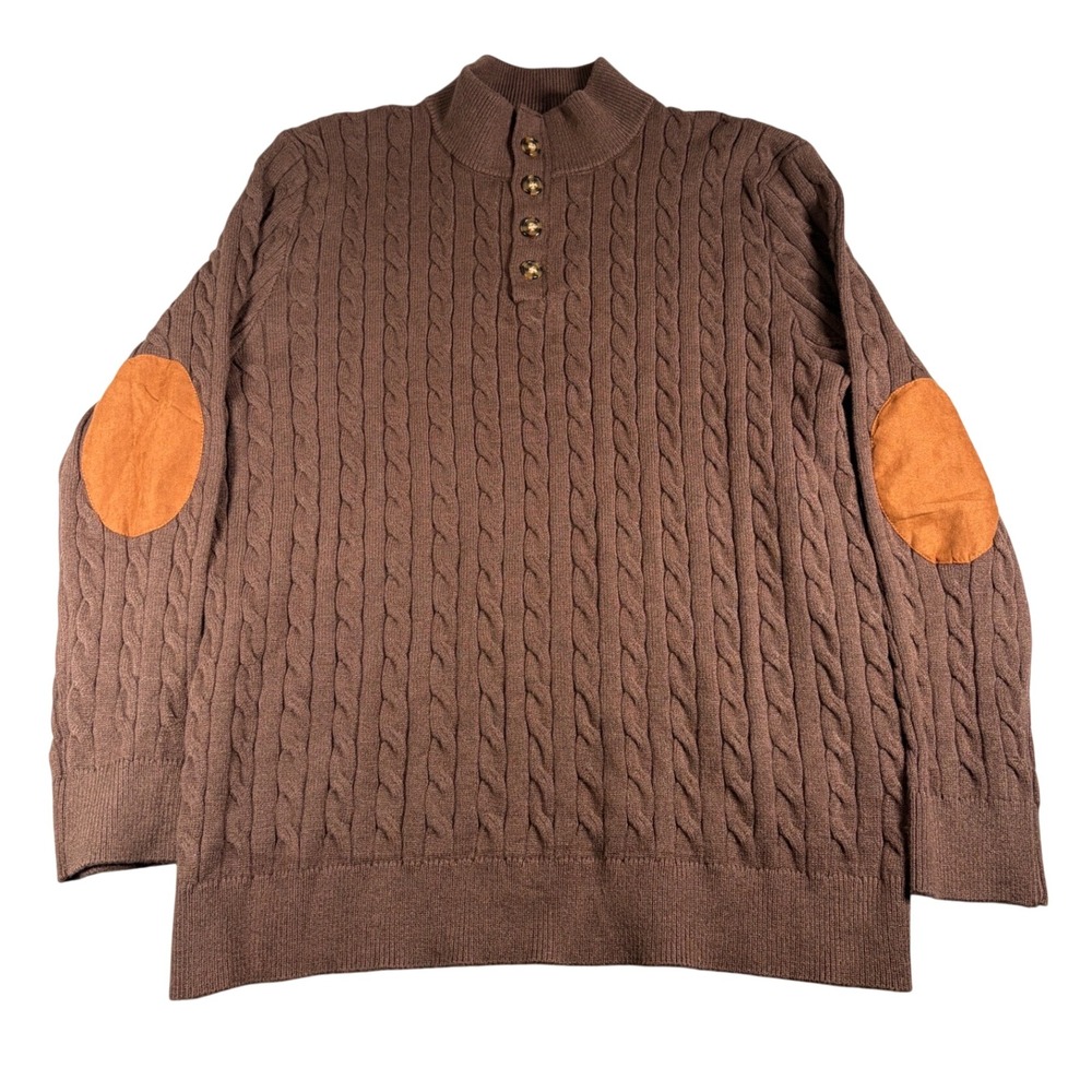 JMIERR Mens Cable Knit Sweater Brown Quarter Button Mock Neck Elbow Patch 2XL